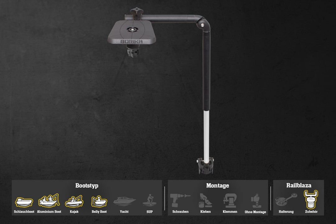 Railblaza kompatible Echolothalterung mit Teleskop Geberstange und Plattform, Farbe:schwarz, Schwarz