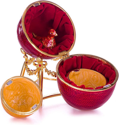 danila-souvenirs Fabergé-Stil Huhn Ei/Schmuckkästchen mit Hühnchen 13 cm rot