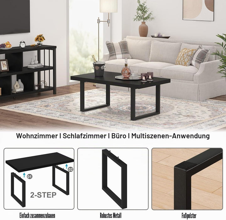IBF Couchtisch Schwarzer Minimalistischer Industrieller Holz Mitteltisch Moderner Schlichter Rechtec
