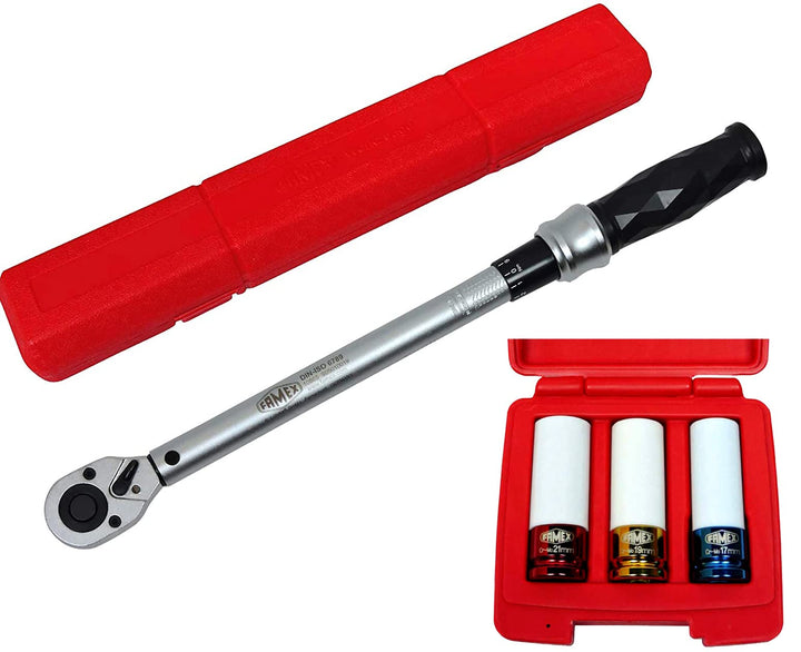 FAMEX 10865-3N Profi Drehmomentschlüssel Set 1/2 Zoll (12,5 mm)-Antrieb | 40-210 Nm | +/-3% | inkl.