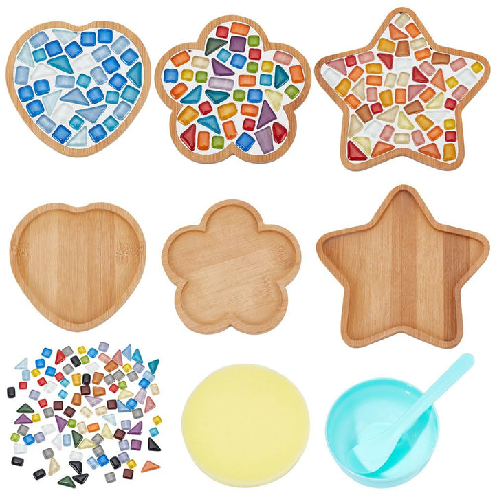 WEBEEDY 3 Sets Porzellan-Mosaik Fliesen-Mosaik-Kit Mit Holzuntersetzer Mosaiksteine DIY Mosaik Unter
