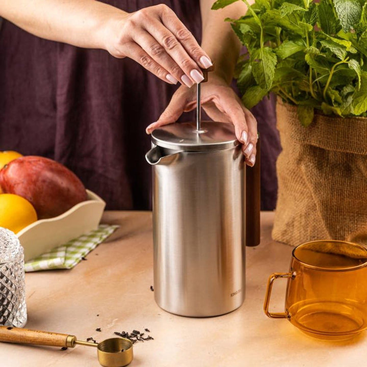 KINGHoff French Press 1 Liter, Edelstahl 304, Doppelwandig, Holzgriff, Thermodruck, Edelstahl, Mikro