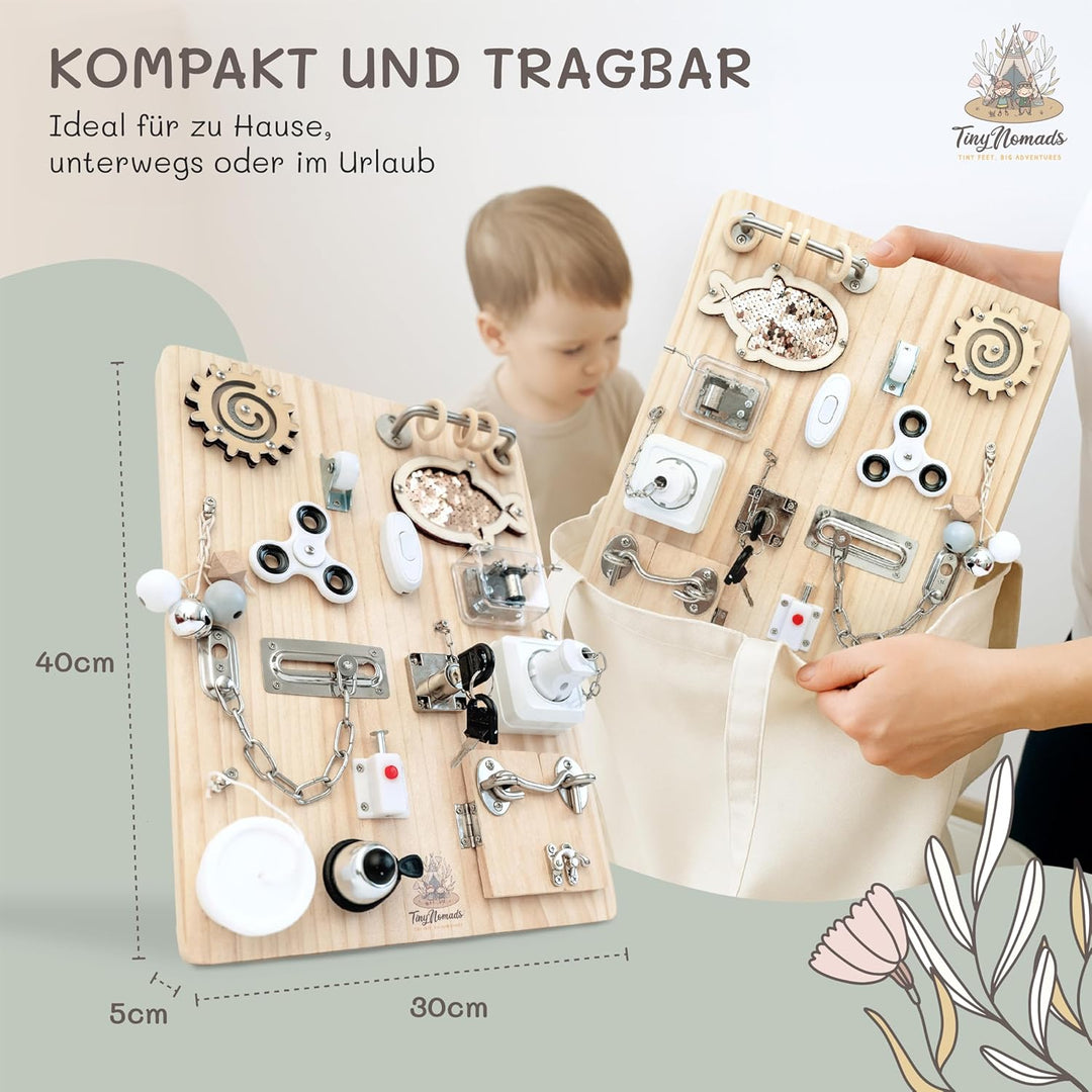 Tiny Nomads Montessori Busy Board motorikbrett ab 1 2 3 4 Jahr - Motorikboard für Baby Sensorik Acti