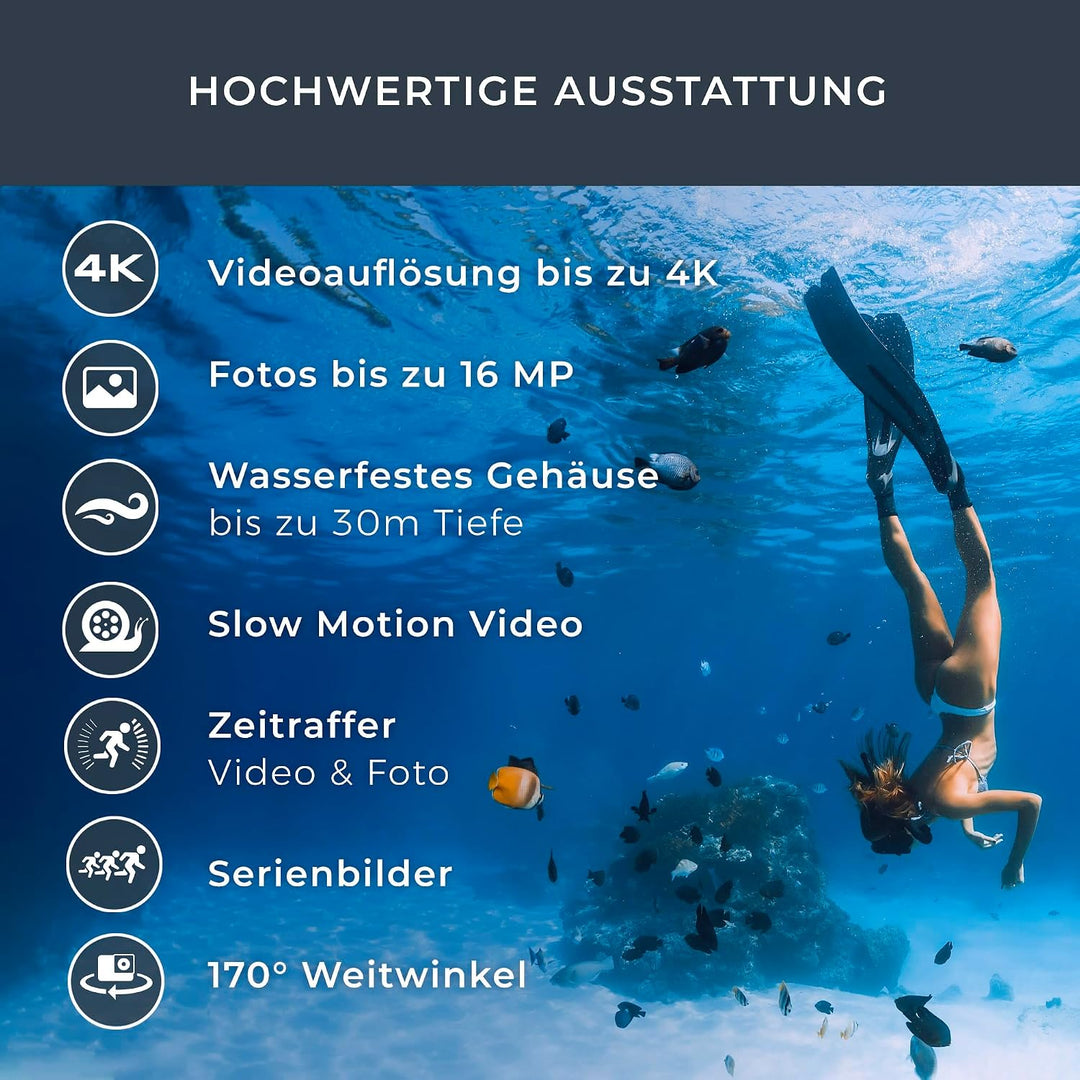 GoXtreme Enduro Black Action Kamera (4K, Real 2, 7K@30fps, FullHD bis 60fps, inkl. Fernbedienung, 2"