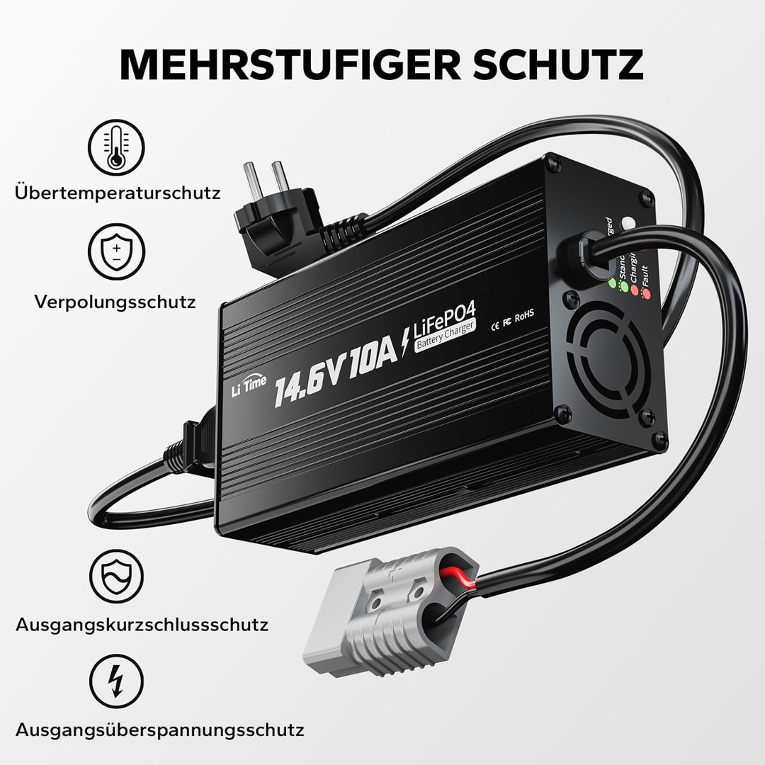 LiTime 12V 10A Batterieladegerät 14,6V AC-DC LiFePO4 Lithium-Batterie-Ladegerät mit Anderson-Anschlu