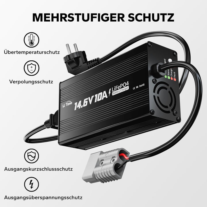 LiTime LiFePo4 12V 10A Batterieladegerät 14,6V AC-DC LiFePO4 Lithium-Batterie-Ladegerät mit Anderson