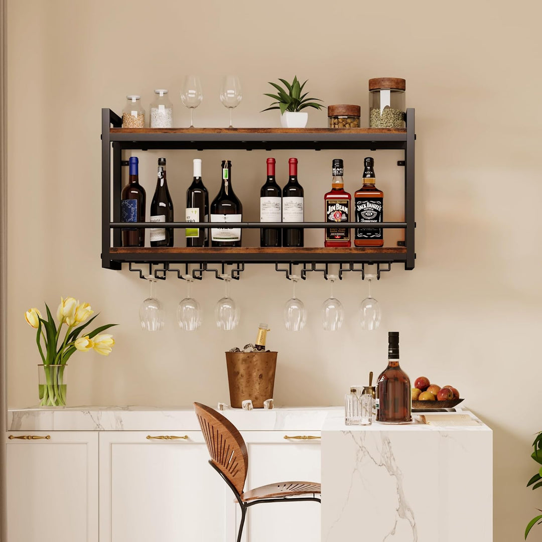 Homeiju Wandmontiertes Weinregal, Flaschen- und Glashalter, Holz, Metall, Retro, schwimmendes Weinre