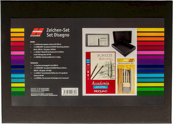 Honsell 14-99889 - Zeichenset "Disegno" - Künstler Set, Schwarze Aufbewahrungsbox mit 12 Bleistiften