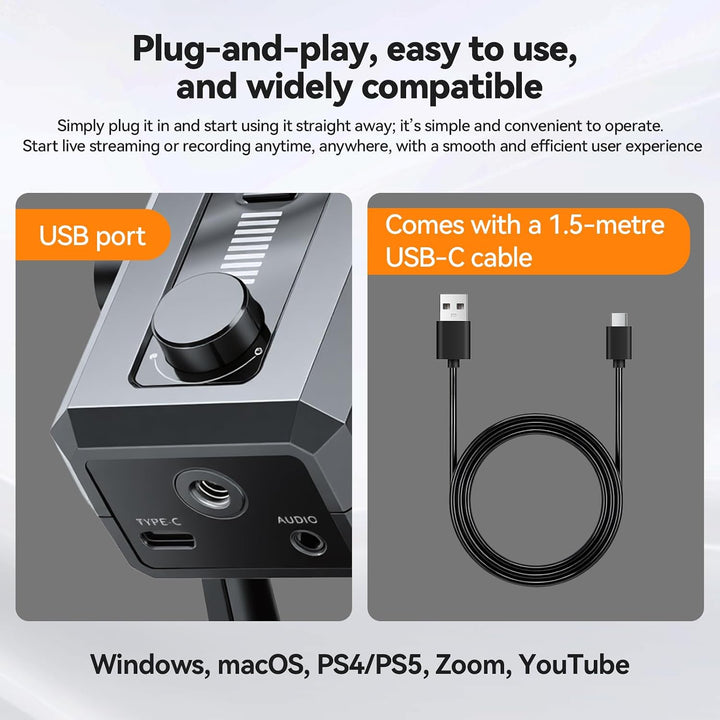 ELUTENG USB Mikrofon für PC, 14mm Kondensatormikrofon mit RGB Beleuchtung USB-C Kabel für PC, Tisch