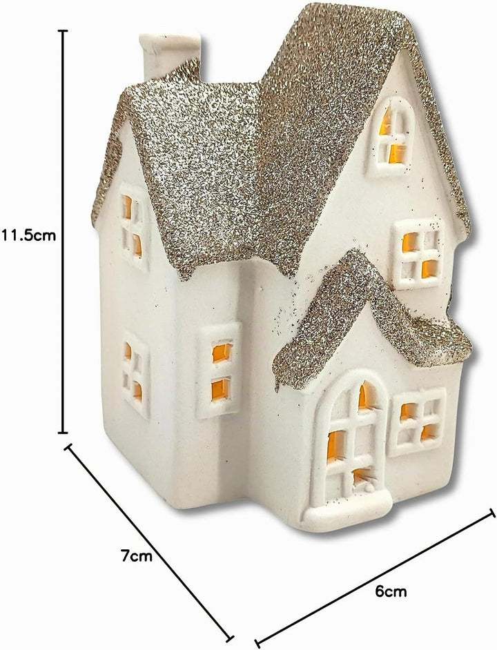 DARO DEKO Keramik LED Haus - Lichthaus Gold Glitzer 2er Set, Gold Glitzer 2er Set