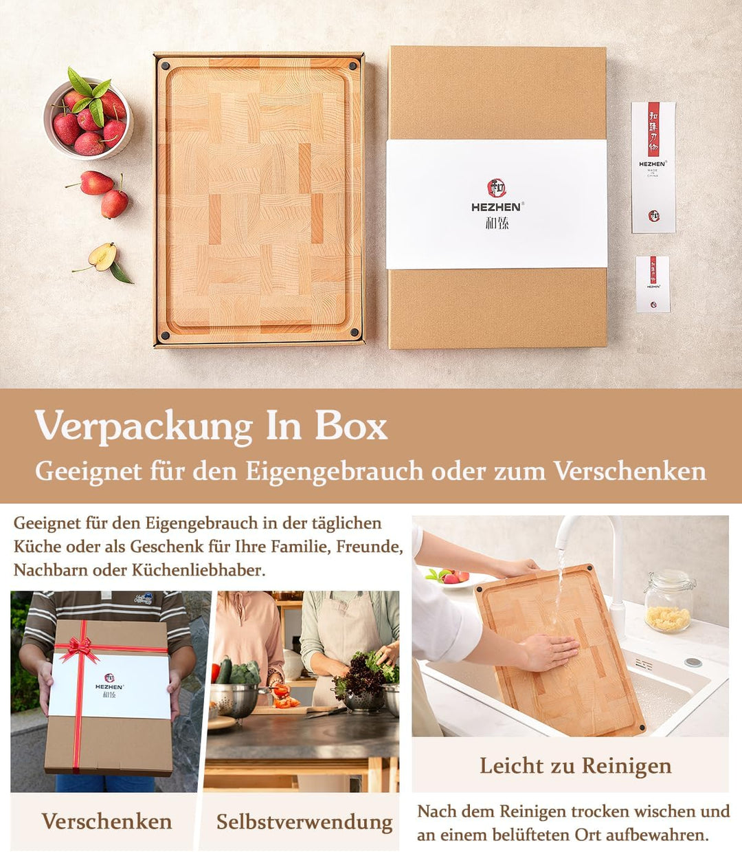 HEZHEN Gross Buchenholz Hackbretter, Hirnholzmaserung Doppelseitiges Schneidebrett, Eingebaute Saftr