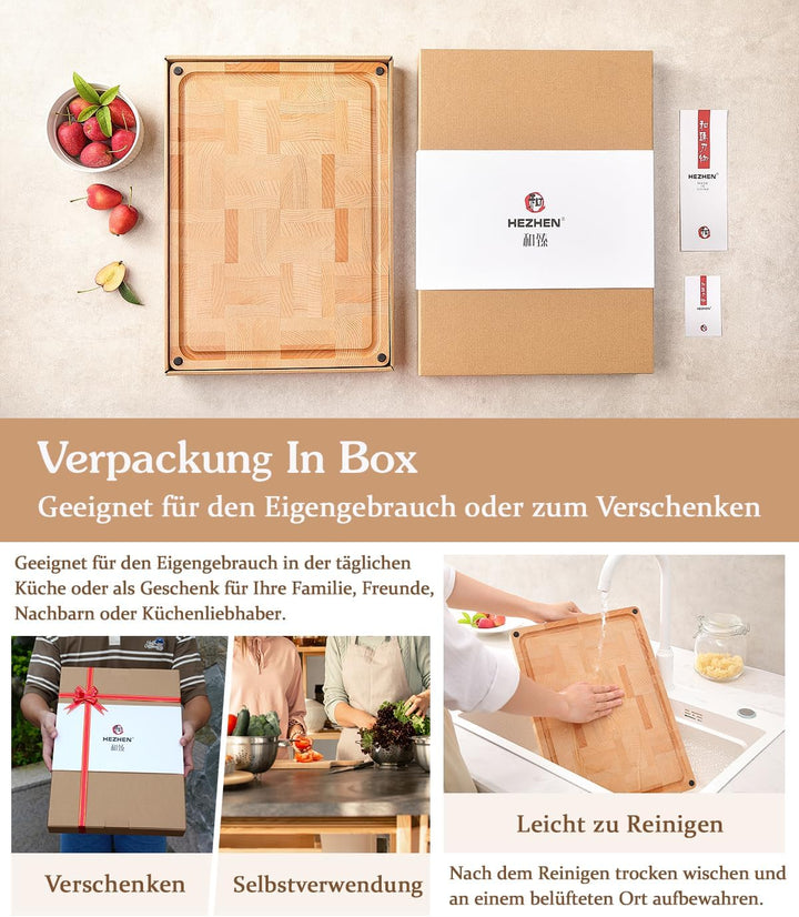 HEZHEN Gross Buchenholz Hackbretter, Hirnholzmaserung Doppelseitiges Schneidebrett, Eingebaute Saftr