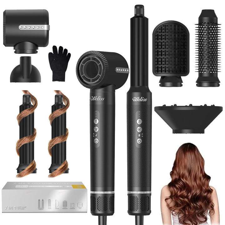 UKLISS 7 in 1 Pro-Hairstyler, Haarstyler & Föhn Set mit 1400 Watt Hair Dryer, Lockenstab Automatisch