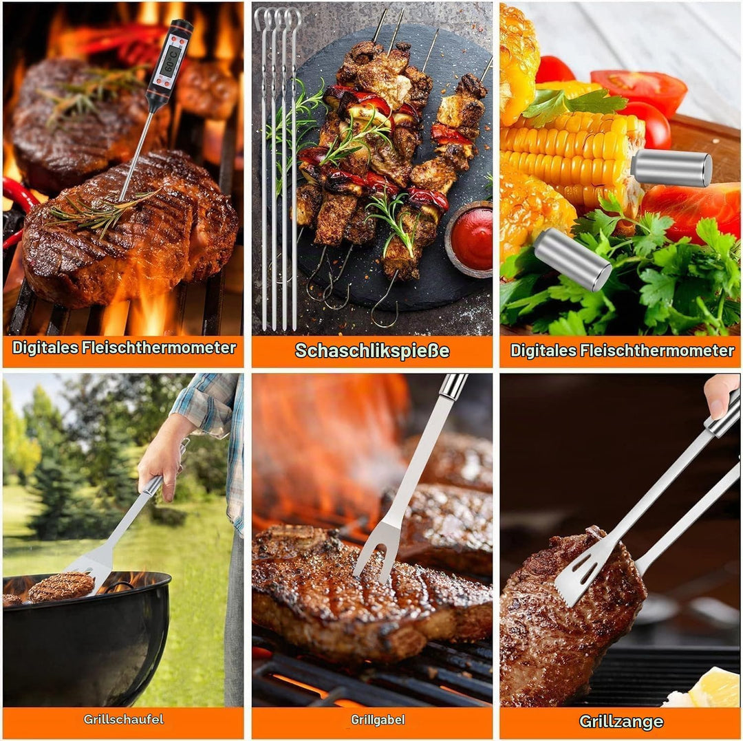 Grillbesteck Grill Set, 25 pcs BBQ Grillwerkzeug Set,Edelstahl-Grillzubehör Set für Camping, Küche,