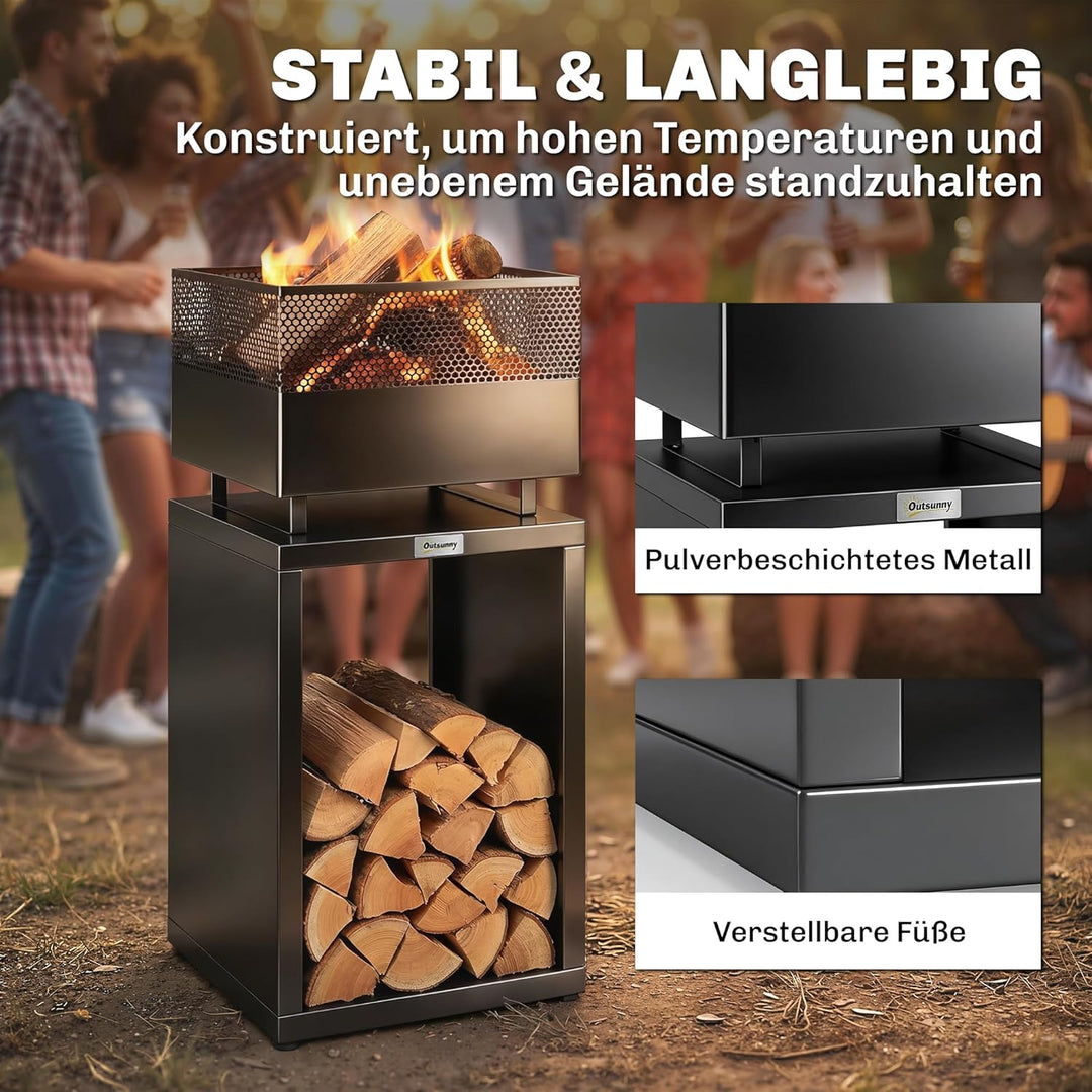 Outsunny Feuerschale 39 x 39 x 87 cm Feuerstelle mit Holzlager Kohlegitter verstellbaren Füssen, Feu