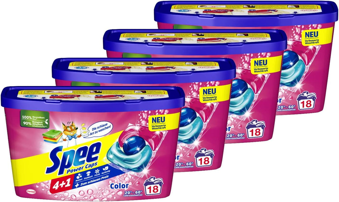 Spee Power Caps Color 4 + 1 72 WL (4 x 18 Waschladungen), Colorwaschmittel für Buntwäsche & Dunkles,
