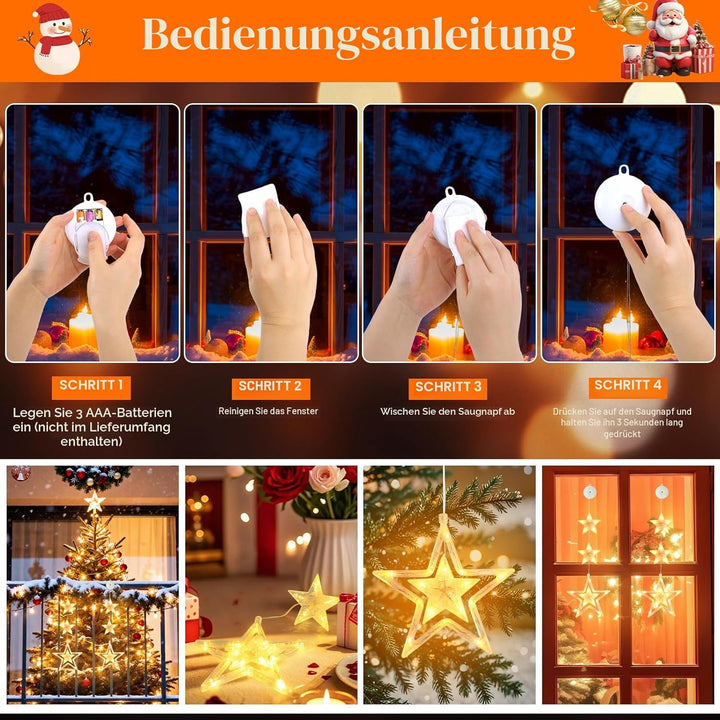 Weihnachtsbeleuchtung Fenster Innen,2 Stück LED Stern Fenster Batteriebetriebene mit Saugnäpfe,Fenst