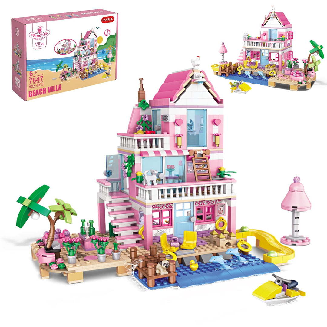 CSNRHG Rosa Sommer Pool Villa Baustein Set Freunde BAU Bildungs 1018 Stück | Geschenke für Erwachsen