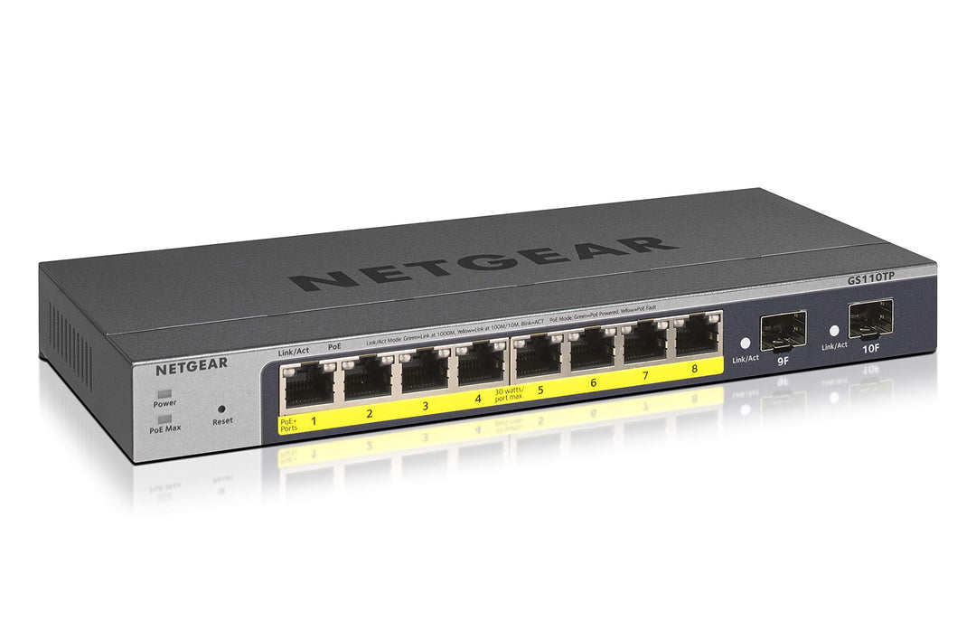 NETGEAR GS110TP 10 Port Gigabit Ethernet LAN PoE Switch Smart (Managed mit 8x PoE+ 55W, 2x 1G-SFP, l
