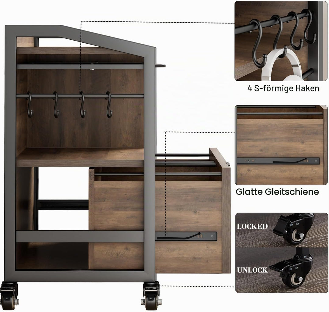 HSH Rollcontainer Mit Schublade Mobiler Aktenschrank Aus Holz Metall für DIN A4 Letter FormatGrösse