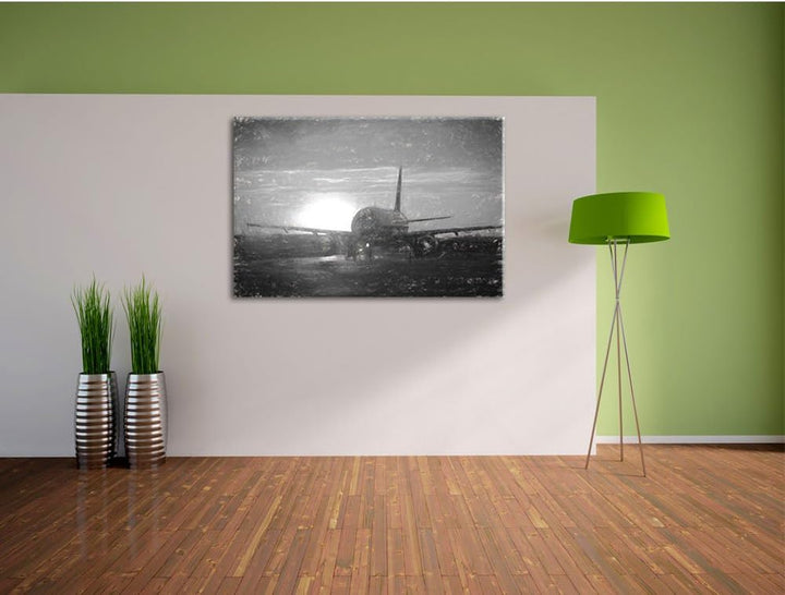 Pixxprint Flugzeug im Sonnenuntergang 100x70cm Leinwandbild Wandbild Kunstdruck, 100x70