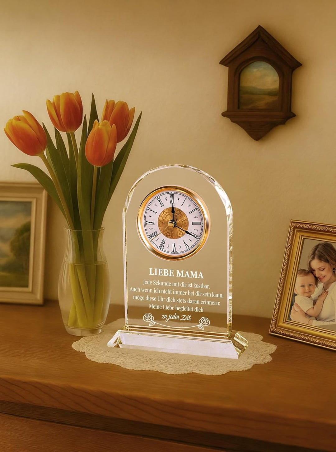 Geschenk für Mama zum Geburtstag & Muttertag – Edle Glasuhr mit Spruch von Tochter & Sohn – Besonder