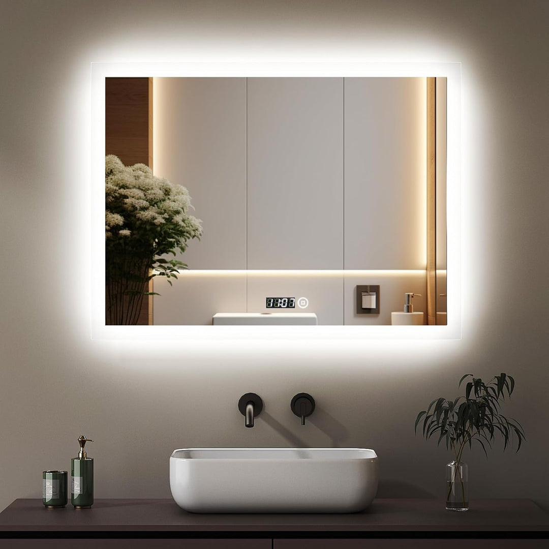 Boromal Badspiegel mit Beleuchtung und Uhr 80x60cm Badezimmer Spiegel mit Beleuchtung 3 Lichtfarbe D
