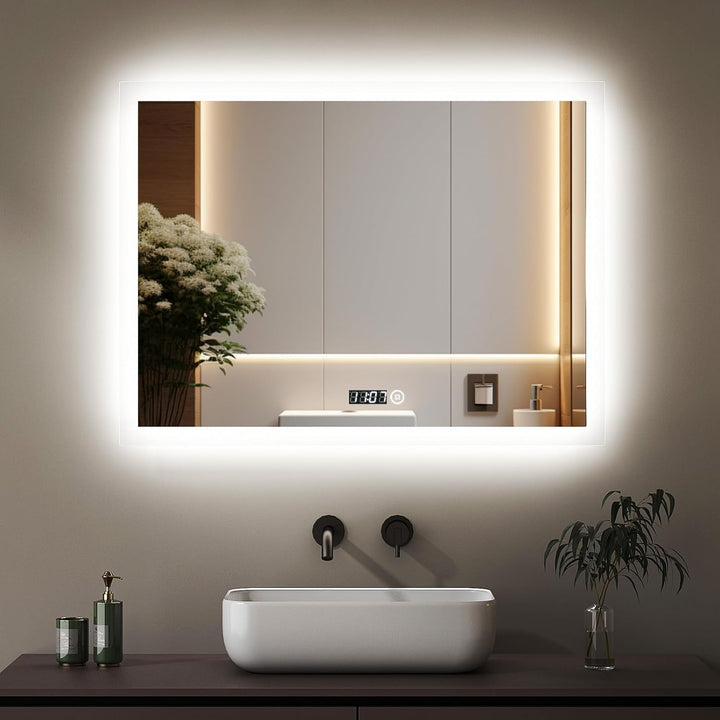 Boromal Badspiegel mit Beleuchtung und Uhr 80x60cm Badezimmer Spiegel mit Beleuchtung 3 Lichtfarbe D