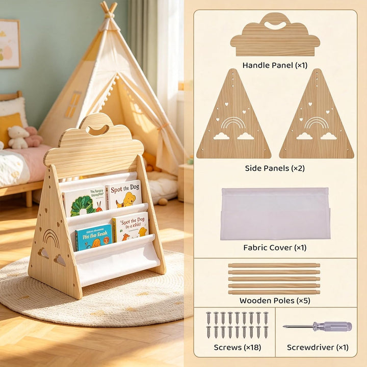 Bücherregal Kinder, Montessori Bücherregal Kinder Tragbar mit Griff, Doppelseitiges Holzregal Tragba