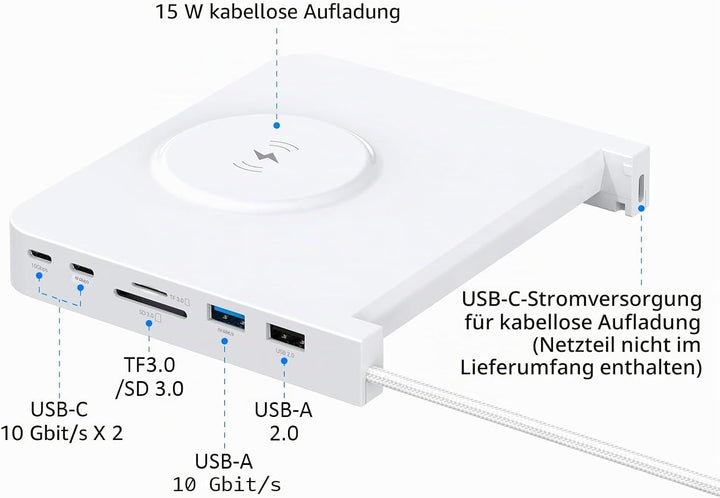 USB C Hub für iMac 61.0 cm 2021/2023/2024, 10Gbps USB-C*2 &amp; USB-A, SD/TF Reader, 15W Wireless Charge
