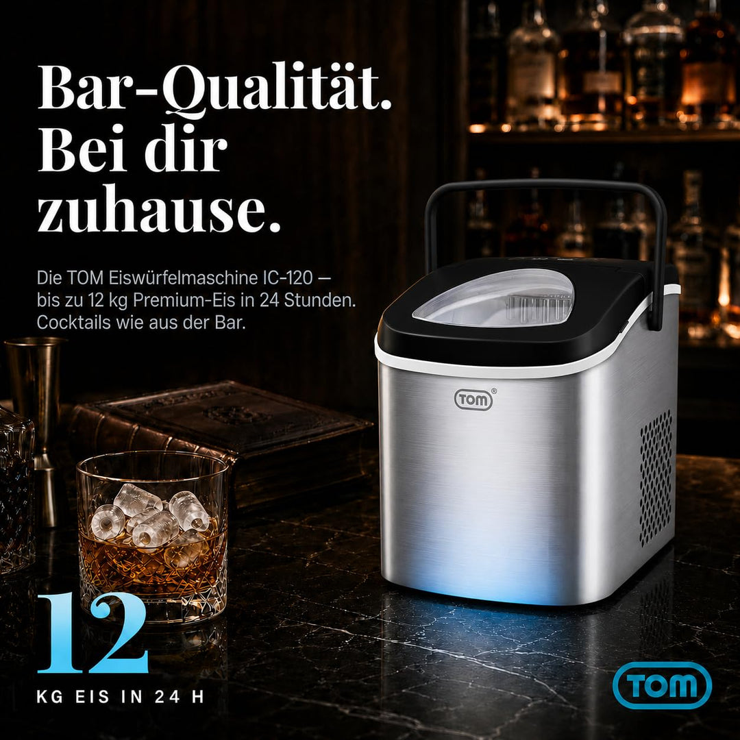 TOM Eiswürfelmaschine – 9 Eiswürfel in 6-8 min – 12 kg/24 h – 2 Würfelgrössen – Ice maker Eiswürfelm