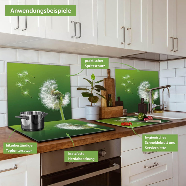 banjado® Herdabdeckplatte Glas 1-teilig 60x52 cm/Schneidebrett Herdabdeckung mit Motiv Pusteblume/He