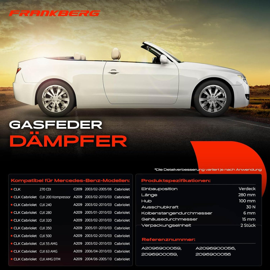 Frankberg 2x Gasfeder Dämpfer Verdeckklappe Kompatibel mit CLK C209 Cabriolet 2003-2005 CLK A209 Cab