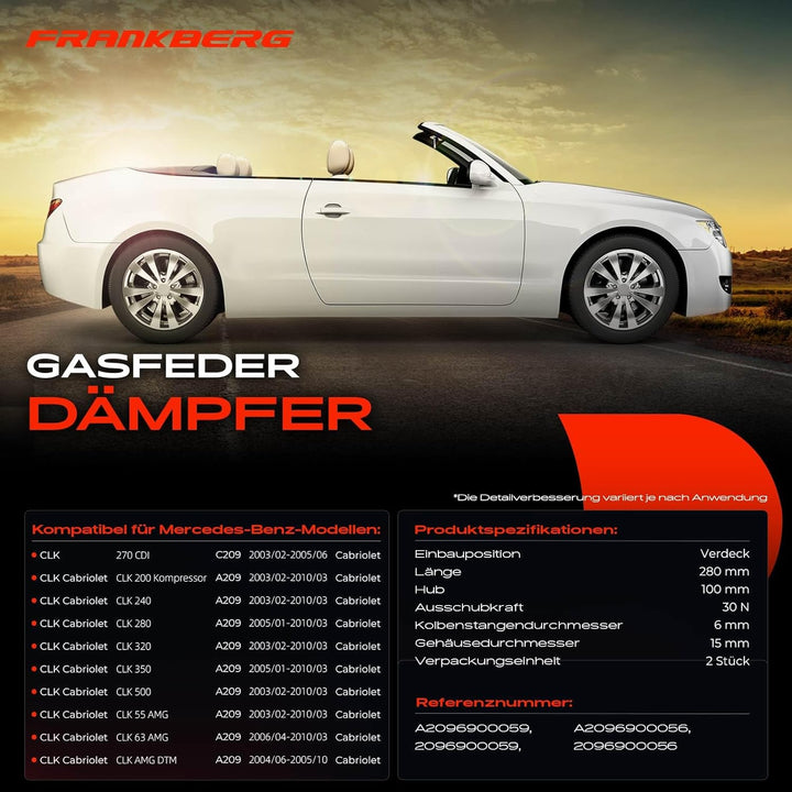 Frankberg 2x Gasfeder Dämpfer Verdeckklappe Kompatibel mit CLK C209 Cabriolet 2003-2005 CLK A209 Cab