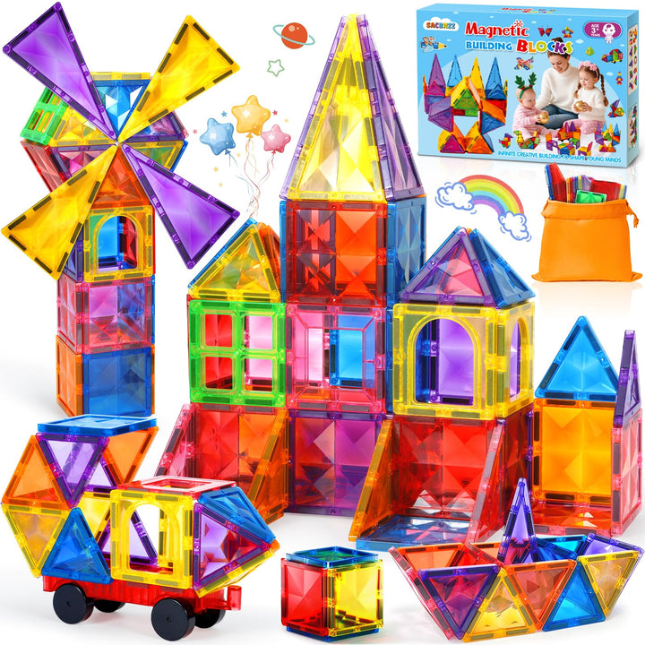 Magnetische Bausteine 60 Teile, Magnetbausteine Kinder Bauspielzeug Mit 1 Autos, Magnetic Tiles Lehr
