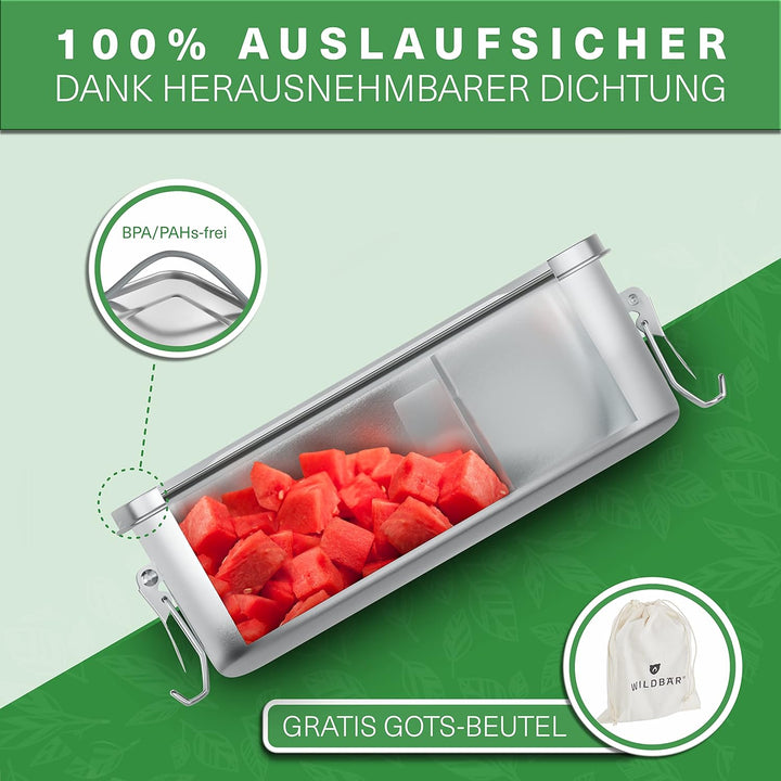 WILDBÄR – Premium Edelstahl Brotdose. BPA& plastikfreie Lunchbox mit flexibler Abtrennung ist auslau