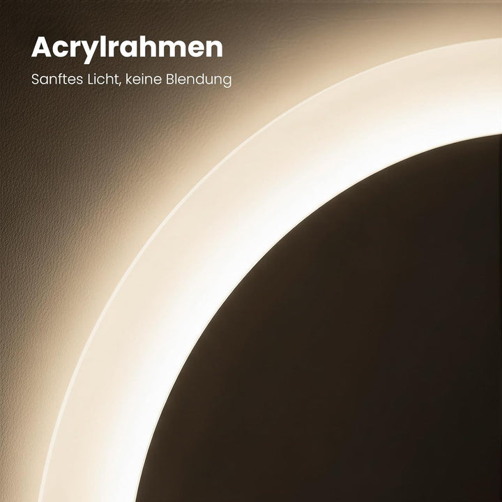 Heilmetz LED Badspiegel Rund 60cm mit Bluetooth Lautsprecher & Acrylrahmen, Badezimmerspiegel mit Be