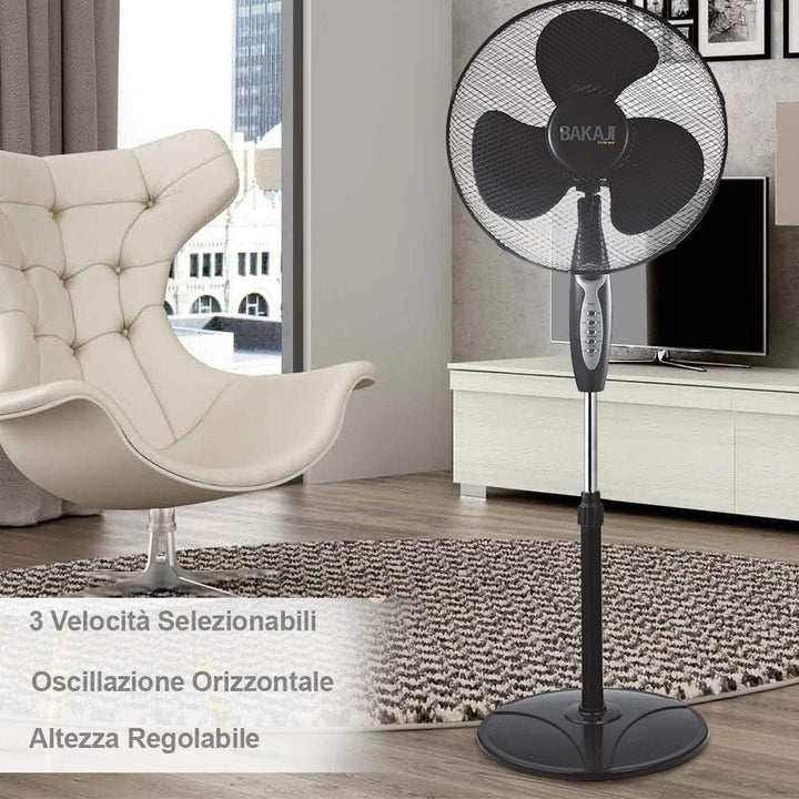 BAKAJI 2828514 Standventilator mit Standfuss, 40 cm, 3 Geschwindigkeiten, einstellbare Höhe einstell