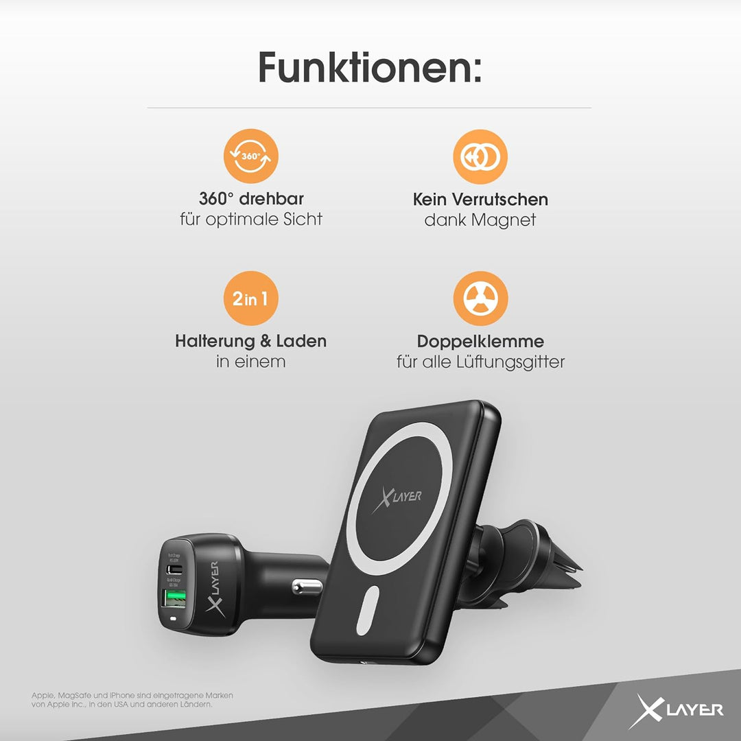 XLayer MagFix Pro Wireless KFZ Handyhalter mit USB-C Kabel und Kabellos Ladegerät Standby Kompatibel