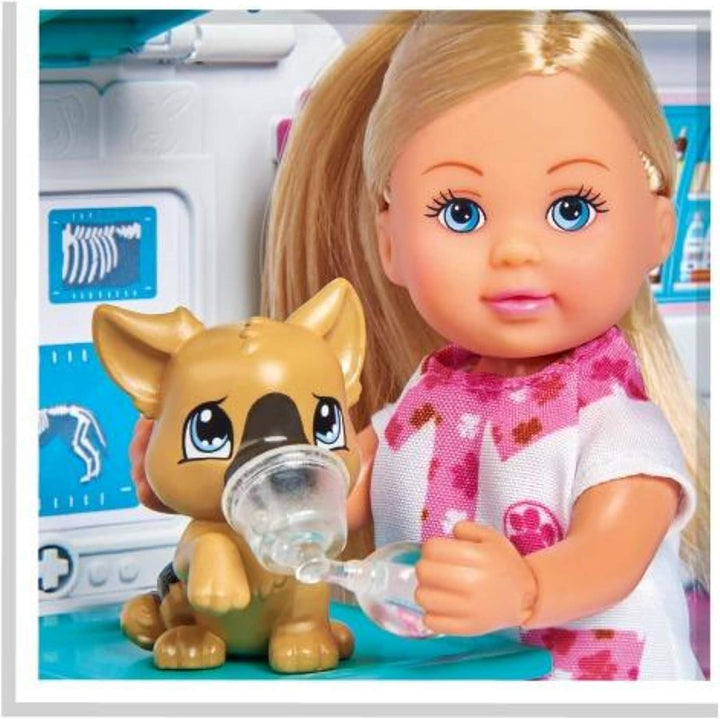 Simba – Evi Love Tierarztauto 2-in-1 – Mini-Puppe 12 cm – Ecke zur Fellpflege + 1 Katze und 1 Hund z