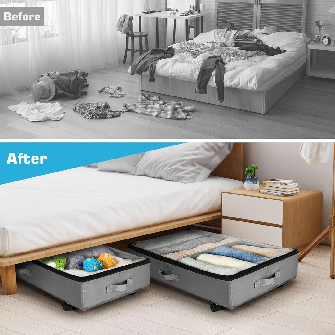 Xtsuen 2 Stück Unterbett Aufbewahrung, Unterbettkommode mit Rollen 360° Drehung and Metallrahmen, Fa