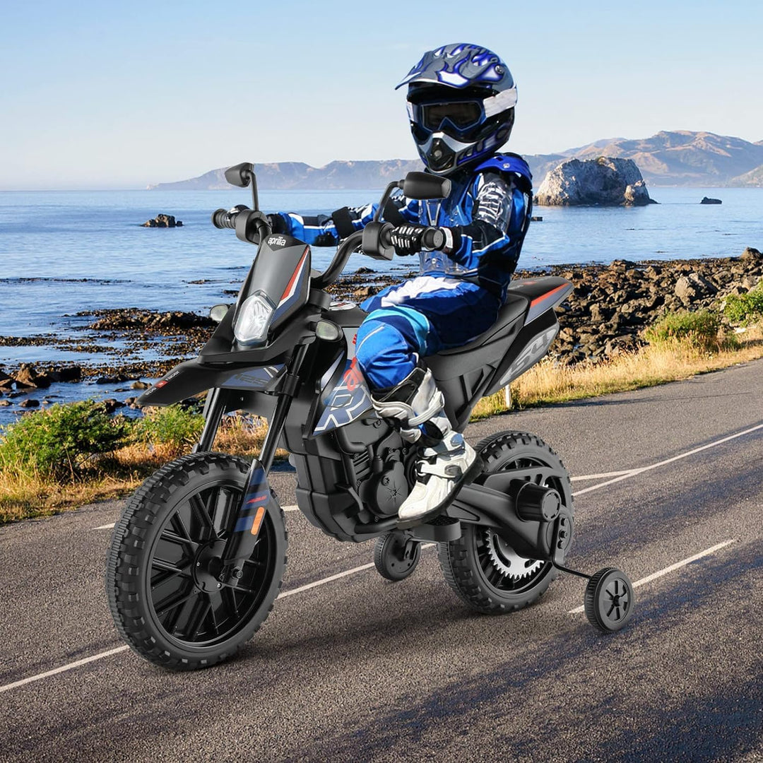 FANTASK 12V Elektromotorrad für Kinder 5,5-6 km/h, Kindermotorrad mit Stützrädern & Musik & Scheinwe