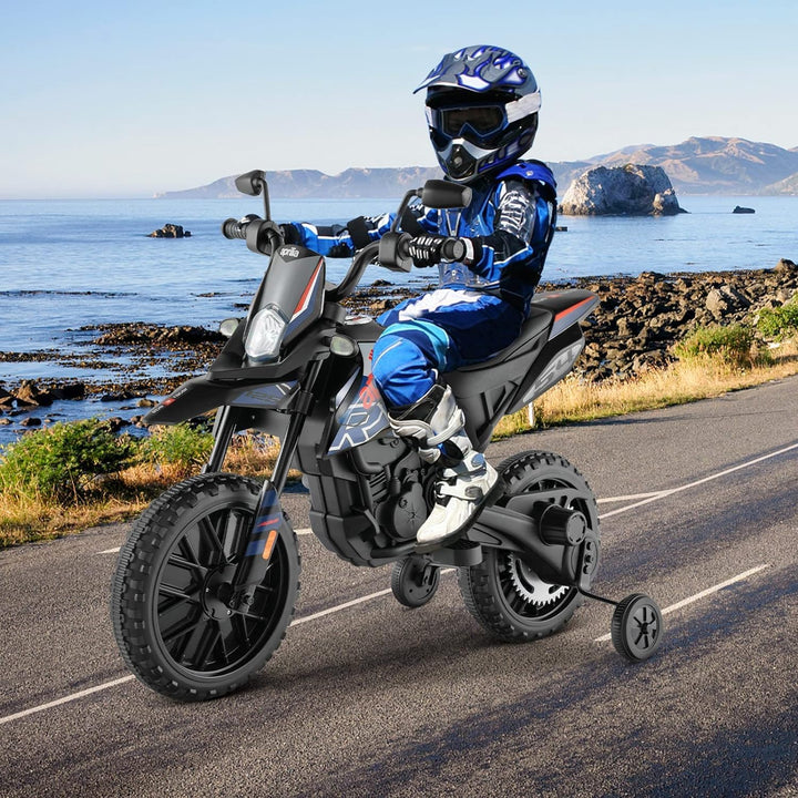 FANTASK 12V Elektromotorrad für Kinder 5,5-6 km/h, Kindermotorrad mit Stützrädern & Musik & Scheinwe