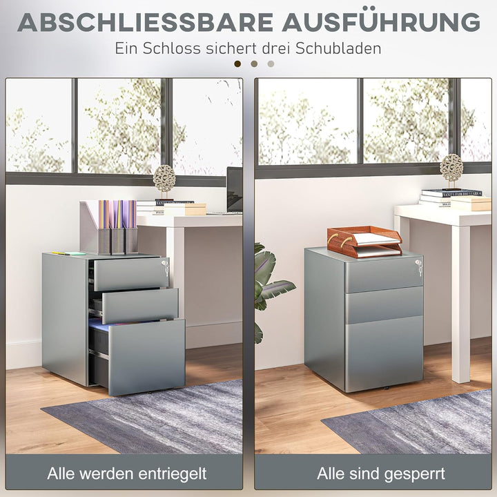 Vinsetto Rollcontainer, mobiler Aktenschrank mit 3 Schubladen, abschliessbarer Büroschrank mit Hänge