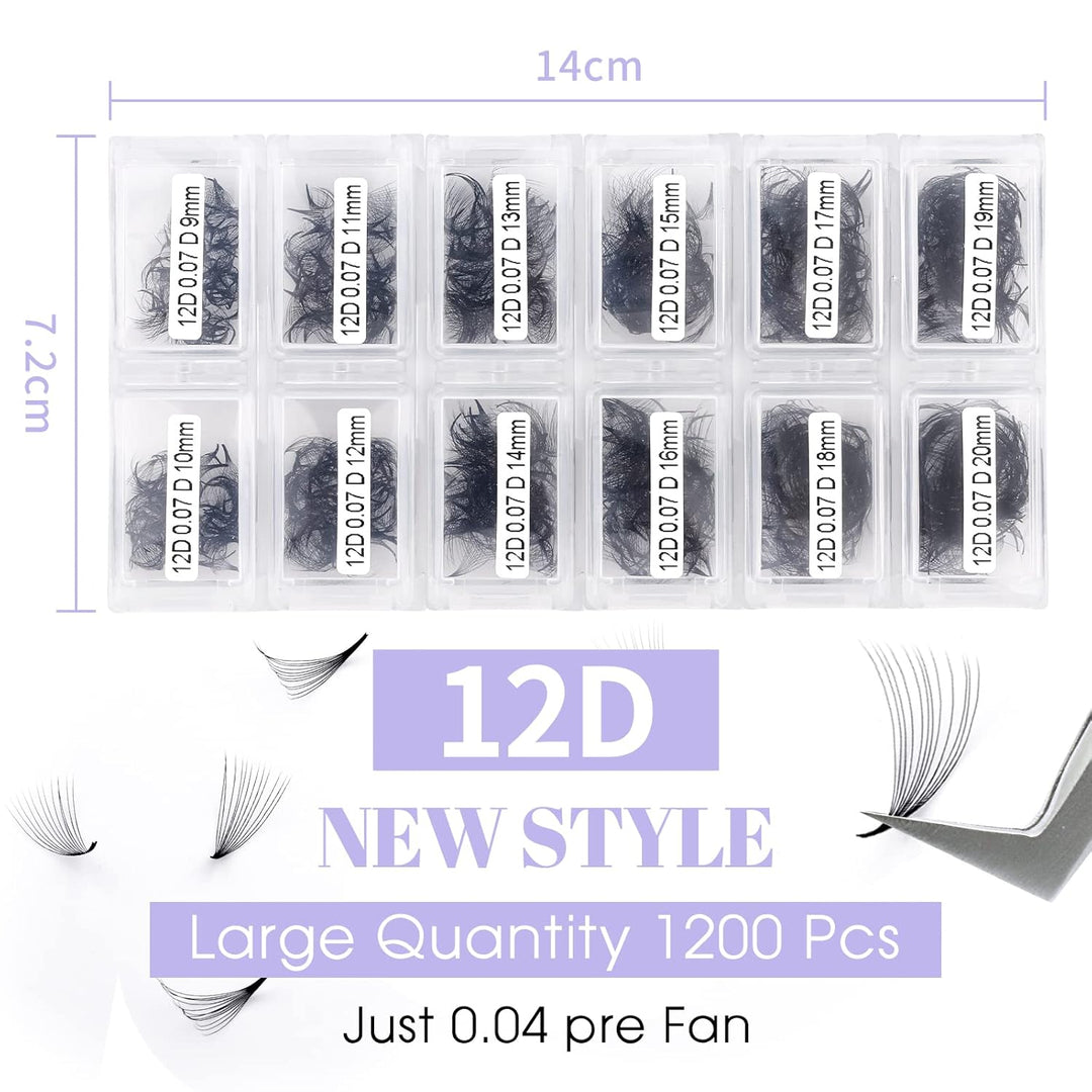 12D Gefächerte Volumen Wimpern 1200 Pcs Fertig Fächer Wimpernverlängerung C Curl 0.07mm 9-20mm Mixed