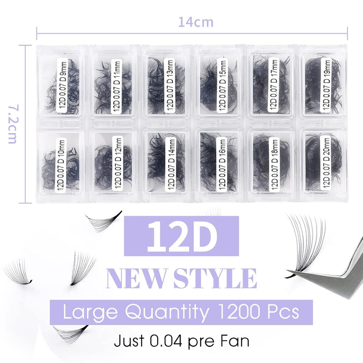 12D Gefächerte Volumen Wimpern 1200 Pcs Fertig Fächer Wimpernverlängerung C Curl 0.07mm 9-20mm Mixed