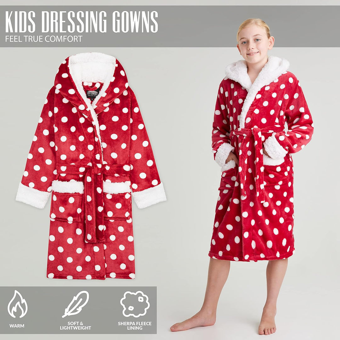 CityComfort Bademantel Kinder Mädchen, Fleece Morgenmantel Kinder Dressing Gown mit Punkten 13-14 Ja