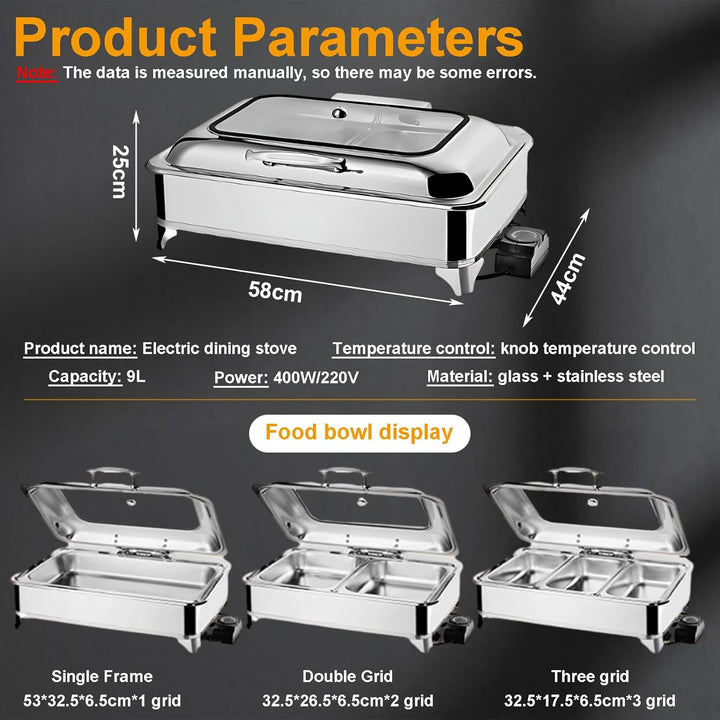 Chafing Dish Elektrisch, 9L Edelstahl Speisenwärmer Buffetwärmer (GN1/3) | Kommerziell Elektrisch Wa