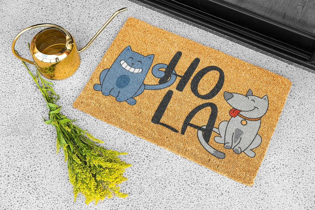 KOKO DOORMATS Kokos Fussmatte aussen mit Anti-Rutsch PVC | Lustige Türmatte Hola - Cat &amp; Dog | Umwel