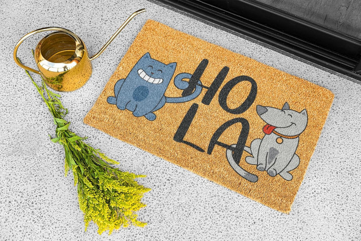 KOKO DOORMATS Kokos Fussmatte aussen mit Anti-Rutsch PVC | Lustige Türmatte Hola - Cat &amp; Dog | Umwel